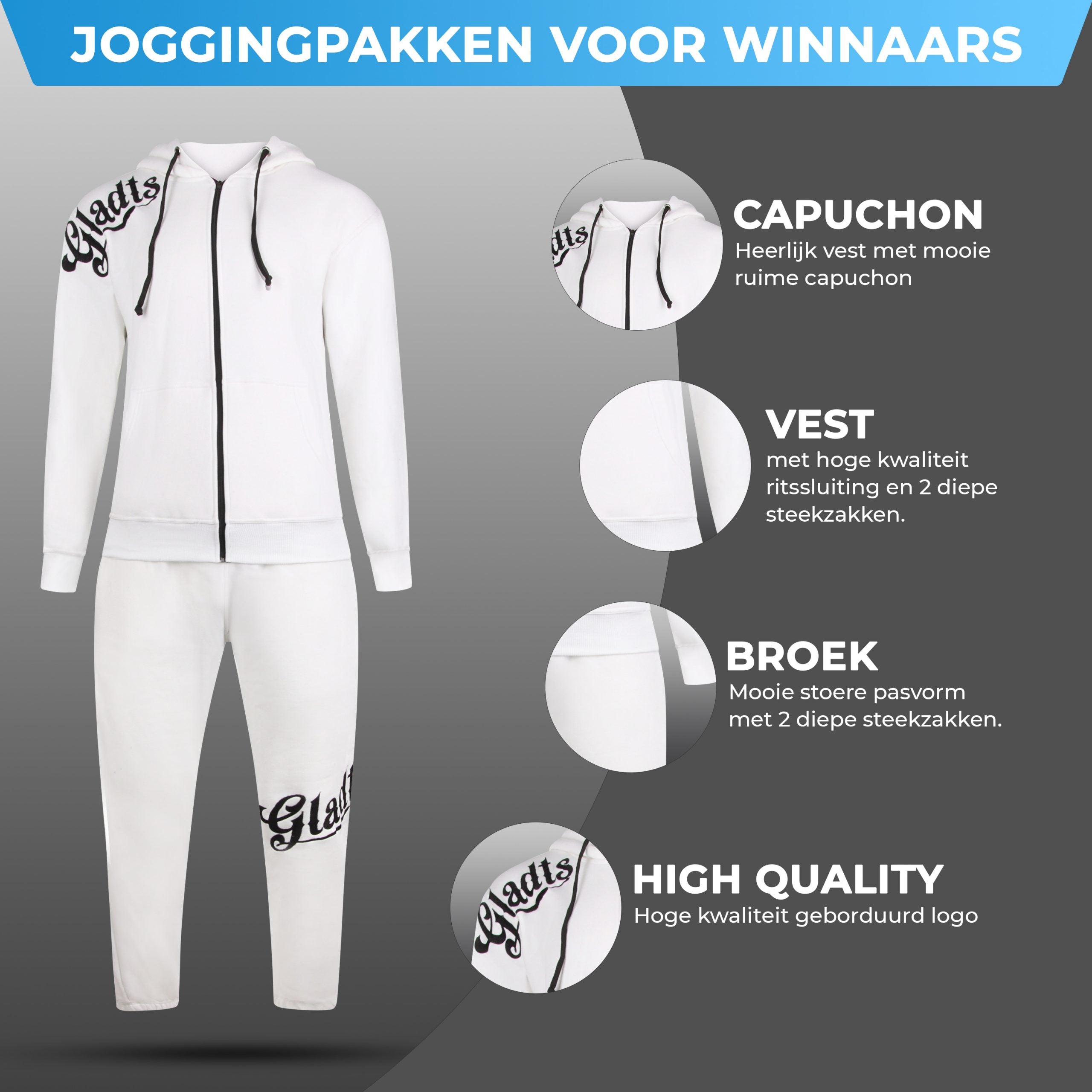 Gladts joggingspak wit met hoody